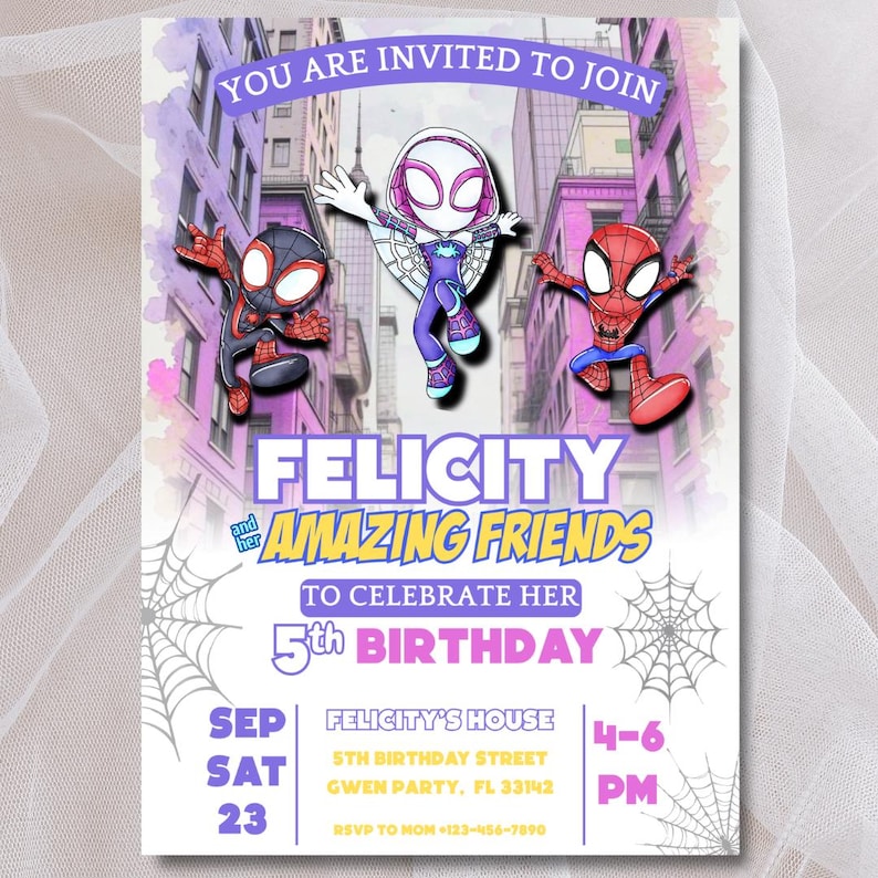 May include: A birthday party invitation with cartoon superheroes set against a city background. The invitation says "Felicity Amazing Friends" and includes party details: date, time, and location.