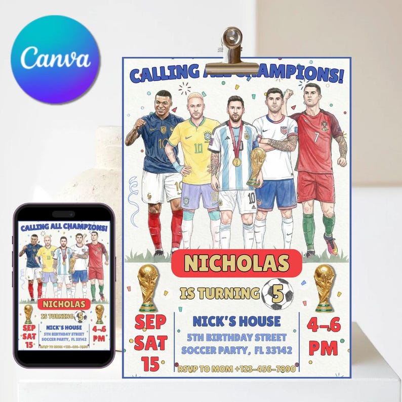 Puede incluir: Una invitaci&oacute;n de cumplea&ntilde;os con tem&aacute;tica de f&uacute;tbol, con ilustraciones de futbolistas. La invitaci&oacute;n incluye el texto "Calling All Champions!" y detalles de la fiesta, incluido el nombre "Nicholas" y la fecha.