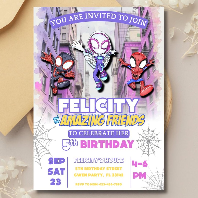 May include: A vibrant invitation for a 5th birthday celebration, showcasing three cartoon superheroes set against a city background. The text reads "Felicity and her Amazing Friends", with date, time, and location details. The design incorporates purple, pink, and blue hues.