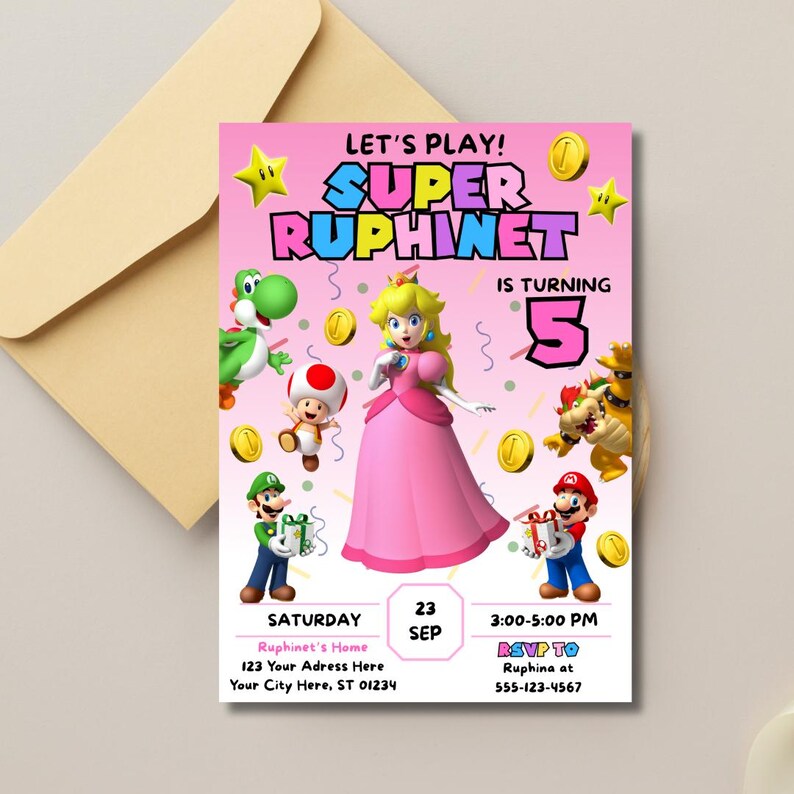 Op de afbeelding: Een roze en witte verjaardagsuitnodiging met een cartoonprinsesfiguur uit de Super Mario Bros. videogame-serie. De uitnodiging zegt "Let's Play! Super Ruphinet is turning 5." De uitnodiging bevat details voor het feest, inclusief de datum, tijd en locatie.