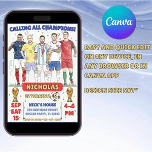 Puede incluir: Un smartphone muestra una invitaci&oacute;n de cumplea&ntilde;os con tem&aacute;tica de f&uacute;tbol. La invitaci&oacute;n presenta ilustraciones de futbolistas y el texto "&iexcl;LLAMANDO A TODOS LOS CAMPEONES!" y "NICHOLAS CUMPLE 5 A&Ntilde;OS". El tama&ntilde;o del dise&ntilde;o es de 12,7 x 17,8 cm.