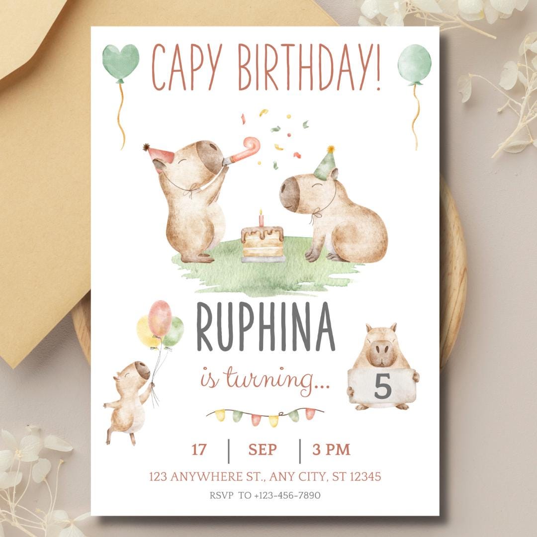 EDITABLE Capybara invitation , Capybara Birthday , Capy Birthday, Kawaii Capybara, Capybara Party Invite, Digital Template, Capibara Canva