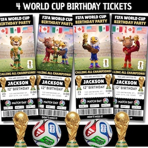 Pode incluir: Quatro bilhetes para a festa de aniversário da Copa do Mundo com mascotes de desenhos animados, bandeiras e uma bola de futebol. Cada bilhete inclui o texto "Calling All Champions!" e os detalhes do aniversário de Jackson.