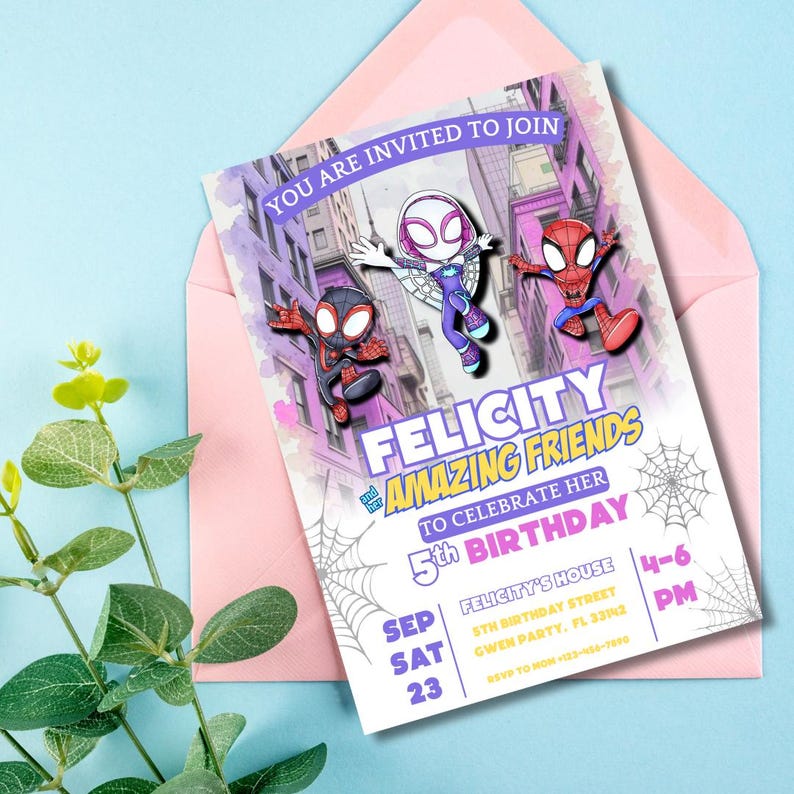 May include: A pink invitation card with the text "YOU ARE INVITED TO JOIN" and "FELICITY AMAZING FRIENDS" to celebrate a 5th birthday. The card features illustrations of Spider-Man characters and a spider web design. The invitation is inside a pink envelope.