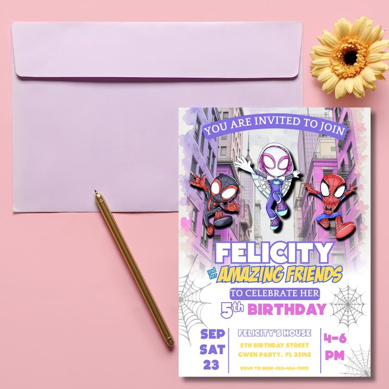 May include: A birthday party invitation featuring Spider-Man characters, with the text "YOU ARE INVITED TO JOIN FELICITY AND HER AMAZING FRIENDS TO CELEBRATE HER 5th BIRTHDAY". Includes a lavender envelope, a gold pen, and a yellow flower. The invitation is on a pink background.