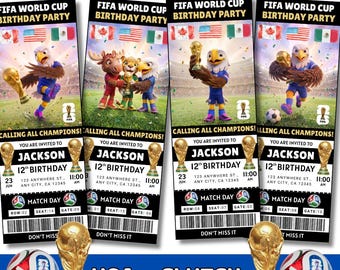 Puede incluir: Cuatro entradas de cumpleaños de la Copa del Mundo con mascotas de dibujos animados, banderas y un balón de fútbol. Cada entrada presenta una mascota diferente sosteniendo un trofeo, con detalles para una fiesta de cumpleaños número 12.