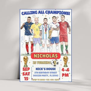 Invitación de cumpleaños de fútbol editable, plantilla de Canva, invitación deportiva, niños, Copa del Mundo, invitación electrónica para niños, Messi, Ronaldo, Pulisic, Neymar, fútbol imagen 10