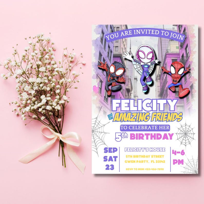 May include: A birthday invitation with Spider-Man characters, set against a city backdrop. The invitation is for Felicity's 5th birthday, including date, time, and location details. A bouquet of white flowers tied with a pink ribbon is on the left.