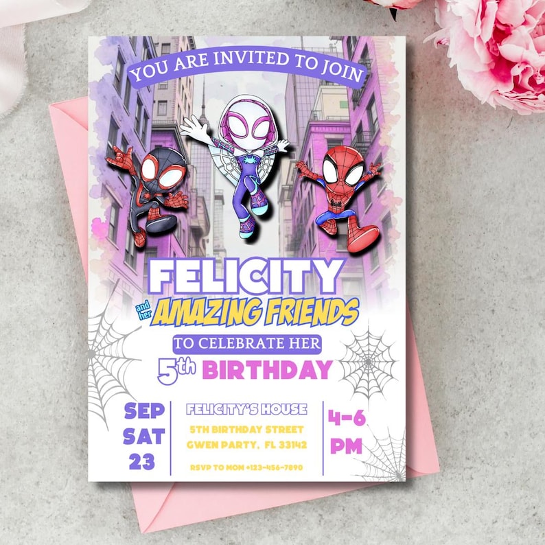 May include: A vibrant birthday invitation for a 5th birthday party, featuring Spider-Man characters. The invitation includes the text "YOU ARE INVITED TO JOIN", "FELICITY AND HER AMAZING FRIENDS", and party details. The invitation is on a pink envelope.