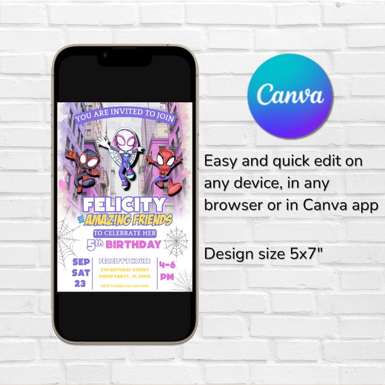 May include: A smartphone screen shows a birthday invitation featuring superhero characters. The invitation says "Felicity Amazing Friends" and includes party details for a 5th birthday. The Canva logo is displayed.