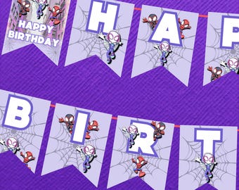 Banner de cumpleaños de Spidey Spidey y sus increíbles amigos Decoración para fiesta de cumpleaños de Gwen Guirnalda para niñas Decoración Fantasma Araña Imprimible Digital