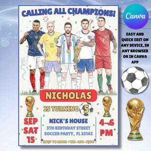 Invitación de cumpleaños de fútbol editable, plantilla de Canva, invitación deportiva, niños, Copa del Mundo, invitación electrónica para niños, Messi, Ronaldo, Pulisic, Neymar, fútbol imagen 1
