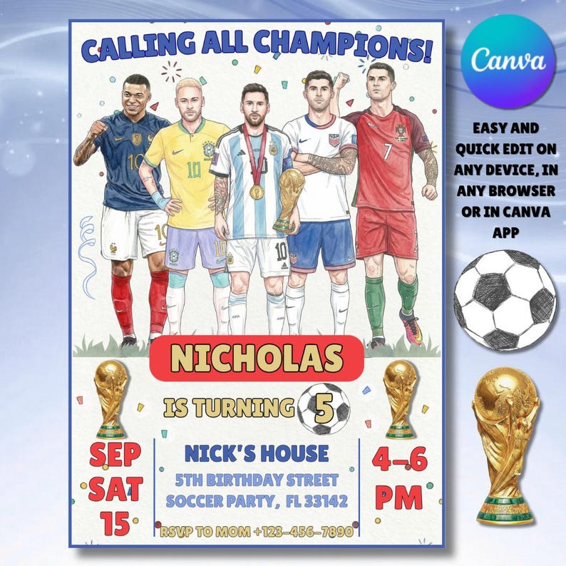 Invitación de cumpleaños de fútbol editable, plantilla de Canva, invitación deportiva, niños, Copa del Mundo, invitación electrónica para niños, Messi, Ronaldo, Pulisic, Neymar, fútbol imagen 1