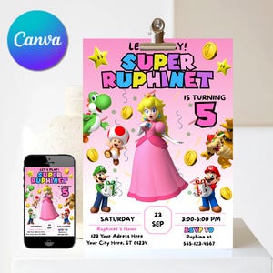 Op de afbeelding: Een roze en blauwe verjaardagsuitnodiging met een cartoonafbeelding van Princess Peach uit de Super Mario Bros. videogame-serie. De uitnodiging zegt "Let's Play! Super Rophinet is turning 5" en bevat details voor het feest, inclusief de datum, tijd en locatie.