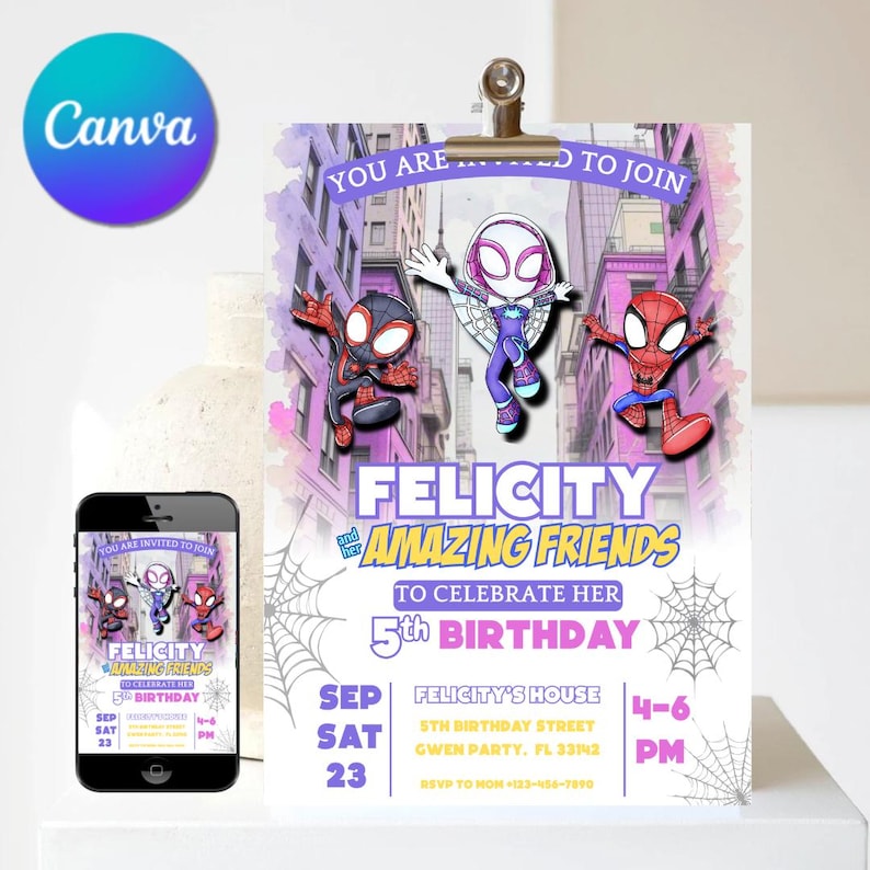 May include: A birthday invitation with Spider-Man characters. The invitation reads "Felicity and her Amazing Friends" and includes details for a 5th birthday party, including the date, time, and location.