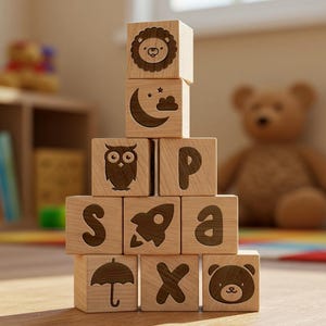 Wooden Alphabet Blocks Set, Montessori Educational Toy, A to Z Letters for Nursery Decor, Learning, Photo Props, Baby Shower Gift