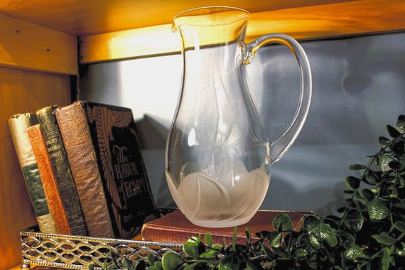 Cristal D'Arques-Durand Florence Glassware Pitcher | Frosted Leaves Design | Elegant Vintage Home Decor & Entertaining Gift