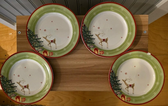Christmas Jubilee Plates by Spode Copeland - Set of 4 Green Band 8" Decorative Plates for Holiday Table Decor & Collectors