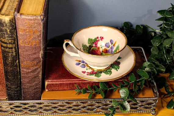 Royal Grafton Berries and Fruit Light Pink Footed Teacup Cup & Saucer - Vintage Fine China Tea Set
