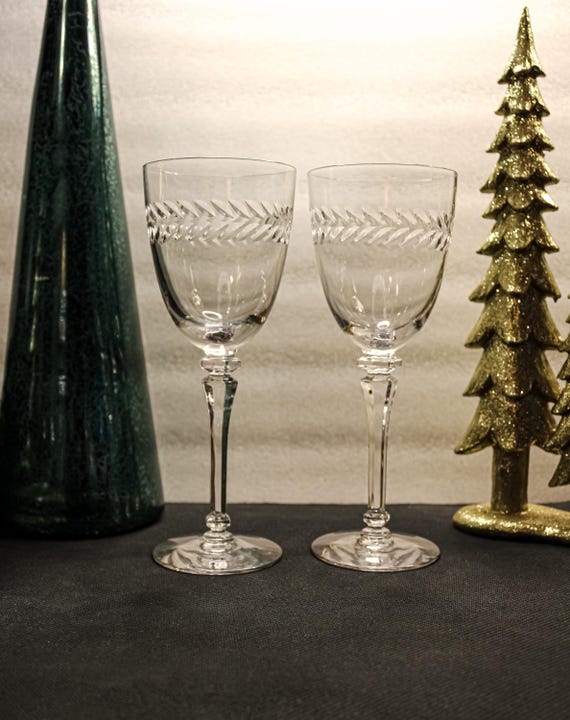 Rare Etched Tiffin-Franciscan Laurel Wreath Water Goblets/Wine Glasses (8 3/8" x 3 1/4") - Set of 2