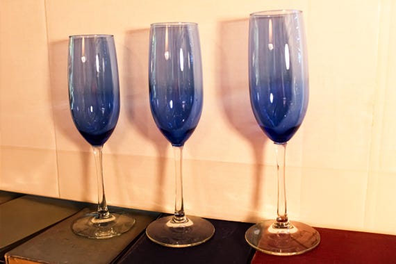 Libbey Vina Blue Champagne Flutes Set of 3 | Elegant Drinkware for Parties & Celebrations | 9 1/4"x2
