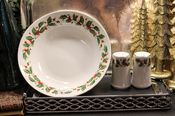 China Pearl Noel 9 3/8" Serving Bowl & Salt+Pepper Shakers (3 1/2") -Brown Backstamp