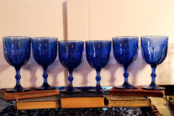 Vista Alegre Countryside Blue Water Goblets Set of 6 - Elegant Glassware for Dining & Entertaining (6.5" x 3 3/8")