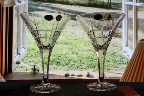 Set of 2 Antique Bohemia Crystal Martini Glasses - Heavy Leaded Crystal, Perfect Condition, 7 1/8" x 4 7/8" - Elegant Drinkware Set