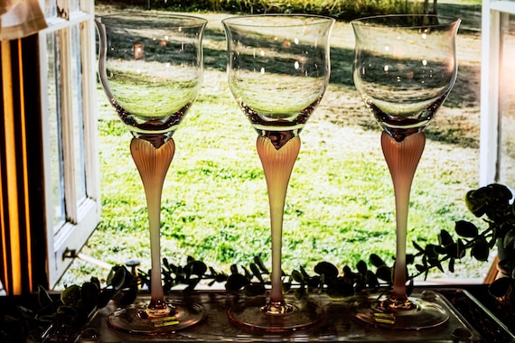 Set of 3 Vintage Mikasa Sea Mist Coral Frosted Stemmed Wine Glasses Elegant Stemware (9 1/4" x 3 3/8") NOTE IN DESCRIPTION