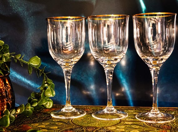 Set of 3 Troy by Noritake Wine Glasses (7" x 3") - Rare Gold Rimmed Crystal Stemware