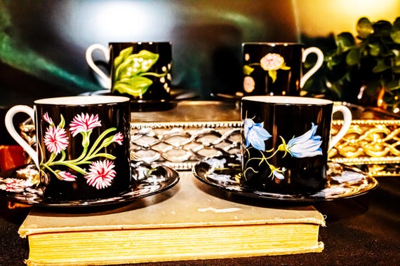 Demitasse Cups Set of 4 Tiffany Mrs. Delany's Flowers Flat Demitasse Cups with Saucers Vintage Collectible Tea Cup Set (2 1/4" x 2 1/2")