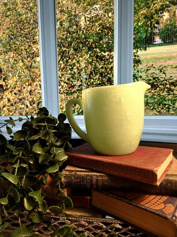 Pitcher - Vintage Fire King Jadeite Milk Pitcher, 20oz Capacity, 5" Diameter, 4.5" Tall, Beautiful Green Table Decor