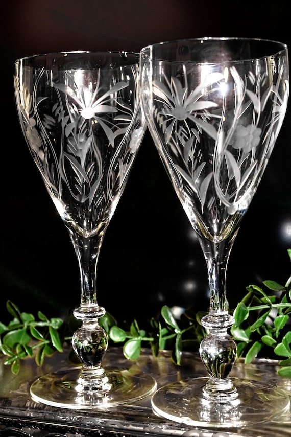 Vintage Sears Ambassador Set Water Goblets (7 3/4" x 3 1/8") Elegant, Floral Etched Antique Wine Glasses / Stemware for Dining & Collectors
