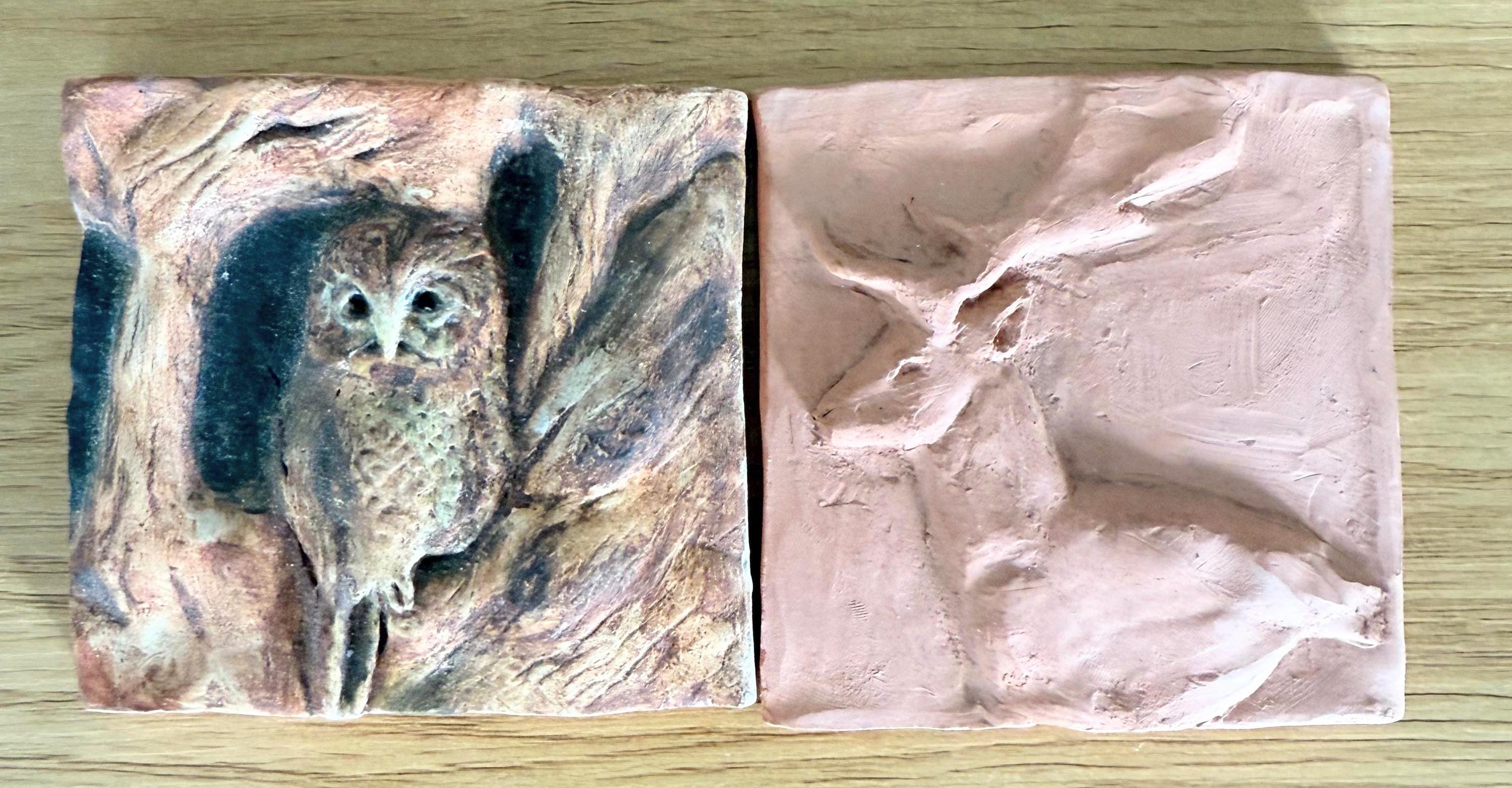 Owl and deer figures made of clay