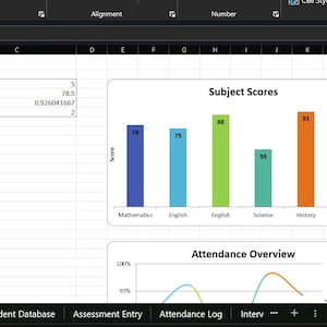 Puede incluir: Captura de pantalla de un panel de datos del profesor en un programa de hoja de cálculo. El panel muestra datos, incluidas las puntuaciones de las materias en formato de gráfico de barras y una descripción general de la asistencia con un gráfico lineal. Los datos incluyen el número de estudiantes, la calificación promedio de la clase y el porcentaje de asistencia.