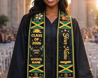 Personalized Jamaican Graduation Stole with Name – Jamaica Flag College Grad Sash