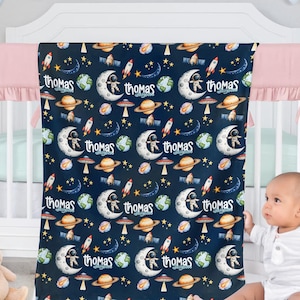Personalisierte Weltraum-Decke für Kinder - Rakete, Astronaut, Planeten-Babypartygeschenk