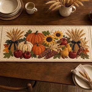 May include: A rectangular quilted table runner featuring a central harvest scene with pumpkins, sunflowers, wheat sheaves, apples, and pears. The ends are decorated with geometric quilt blocks and autumn leaves in shades of orange, red, and green.