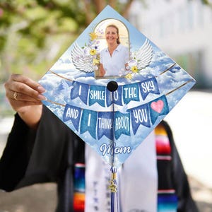 Topper de boné de formatura memorial com foto personalizada, eu sorrio para o céu e penso em você, boné de formatura