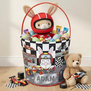 May include: A red-handled Easter basket with a race car theme, filled with colorful eggs and candy. The basket features a plush bunny wearing a racing helmet and a cartoon race car design. A teddy bear and toy race cars are nearby.