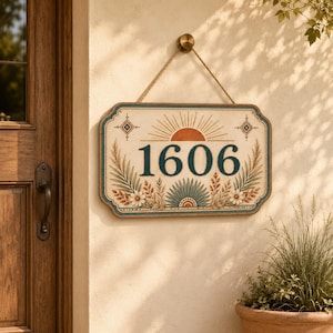 Pode incluir: Placa de endereço retangular com o número 1606 em verde-azulado. A placa apresenta um desenho de sol, detalhes florais e de folhas, e é suspensa por uma corda. É montada em uma parede bege perto de uma porta de madeira e uma planta em vaso.