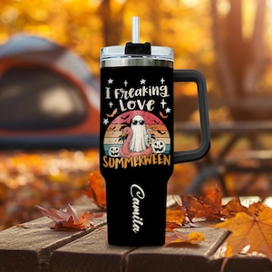 I Freaking Love Summerween Tumbler - Cute Summerween Ghost with Flamingo Float Custom Name Gift