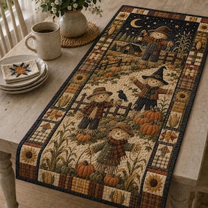 May include: A rectangular fabric table runner featuring a quilted autumn scene with three scarecrows, pumpkins, corn stalks, and a black crow. The border displays a dark brown plaid pattern with sunflower motifs, set against a light cream background.