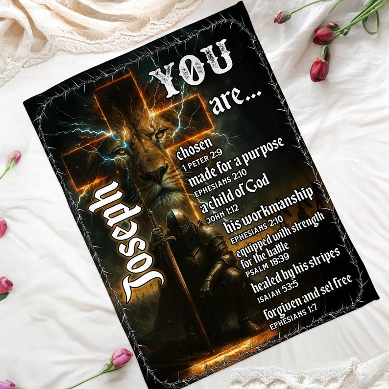May include: Black blanket featuring a lion's face, a cross, and a knight illustration. Text includes "YOU are..." and Bible verses. The name "Joseph" is written vertically on the left side of the blanket.