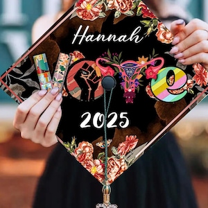Floral Feminist Graduation Cap Topper, Personalized Feminism Vote Grad Cap