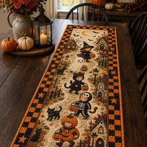 May include: A rectangular quilted table runner featuring a Halloween scene with children in costumes, including a witch, ghost, cat, skeleton, and pumpkin, walking along a path past houses, bordered by a black and orange checkered pattern with stars.