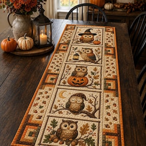 May include: A rectangular fabric table runner featuring five vertical panels with illustrations of owls in autumn settings, including an owl in a witch hat, holding a lantern, sitting on a pumpkin, sleeping, and perched among oak leaves and acorns.