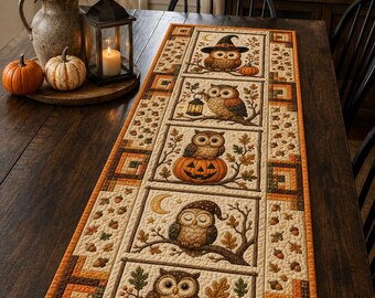 Camino de mesa acolchado con búho de Halloween, decoración rústica de patchwork para otoño, decoración de cocina espeluznante estilo cottagecore