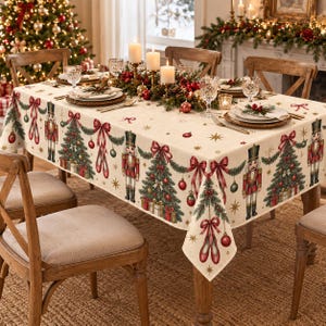 Heritage Nutcracker Christmas Tablecloth, 70 x 55 Inch Cranberry and Evergreen Vintage Inspired Table Cover