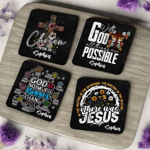 Personalized Christian Coasters – Set of 4 Bible Verse Coasters with Name – Religious Gift Idea
